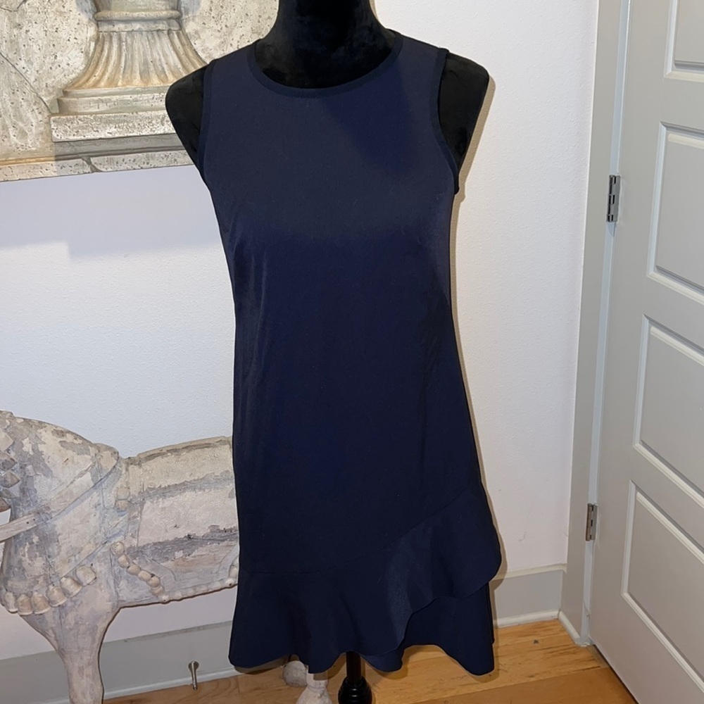 LOFT‎ Sz 00P navy blue shift dress sleeveless ruffle bottom dress